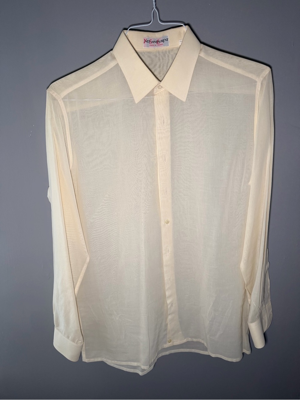 Vintage Yves Saint Laurent elegant Sheer Cream Long-Sleeve Dress Shirt